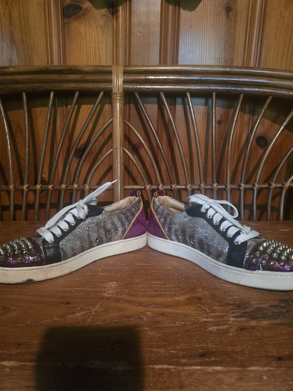 Christian Louboutin Embellished Glitter Low-Top Sneakers in Silver, Purple Black